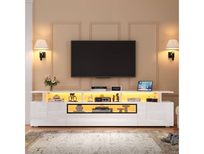Meuble TV - KOMHTOM - 180x38x45 cm - Façade brillante - LED intégré - Pour TV jusqu'à 75 pouces