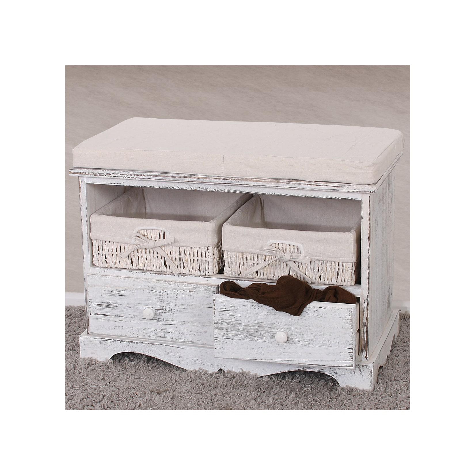 Sitzbank Kommode mit 2 Körben 42x62x33cm, Shabby-Look, Vintage ~ weiß