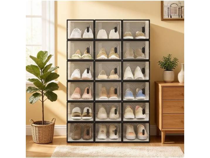 Meuble à chaussures empilable avec 18 boîtes transparentes en plastique noir