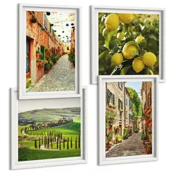 BILDER SET 4er Set - 50x50 cm & 40x60 cm Weißer Rahmen - Bezaubernde Straßen voller Zitronenblüten