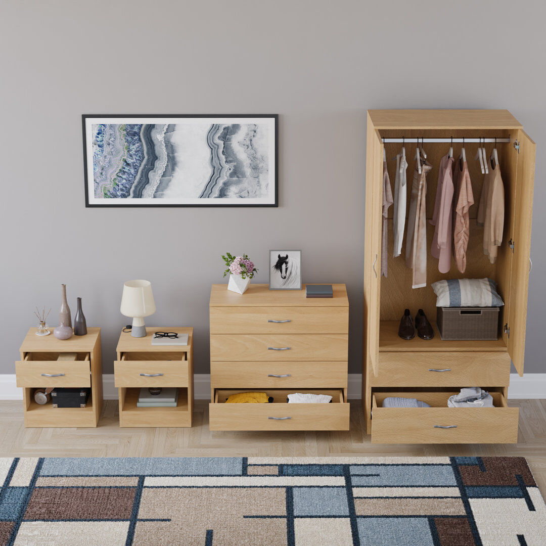 17 Stories Tayce 4 Piece Bedroom Set (1 Drawer Bedside Chest X2, 4 Drawer Chest, 2 Door 2 Drawer Wardrobe) Tan