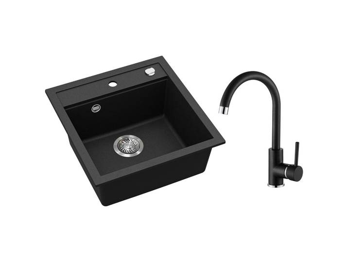 Visiona Granitspülenset Mila, Schwarz, Metall, Stein, 2-teilig, 49x20x51 cm, flexible Anschlussschläuche, schwenkbarer Auslauf, Küchen, Küchenausstattung, Küchenspülen, Granitspüle