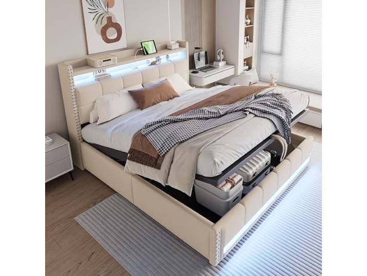 Ball & Cast Doppelbett 180x200 mit Beleuchtung und Ladestation, Beige Stauraumbett mit Beleuchtung und USB-Steckdose. Kopfteil aus Leinen mit Einlegeböden. Ohne Matratze