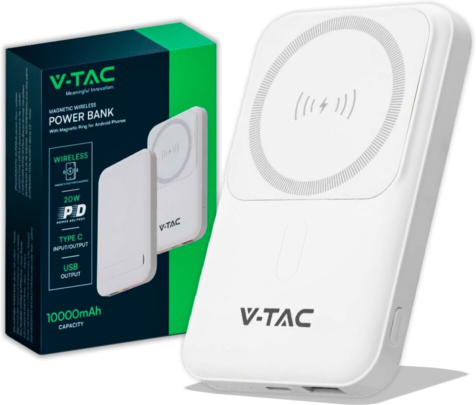 V-Tac Power Bank Magsafe 10000ah Magnetico Con Ricarica Wireless 20w Ultrasottile Colore Bianco - 23039