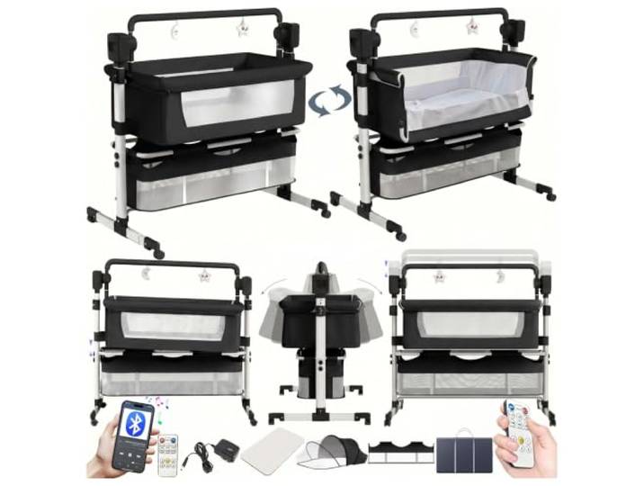 Magic ZC Elektrische Bluetooth Intelligent Beistellbett Baby mit Rollen, Faltbar Co-Sleeping Babybett, Convertible Stubenwagen Wiege mit Fernbedienung, Musik, 5-schwankende Zahnräder (601 Black)