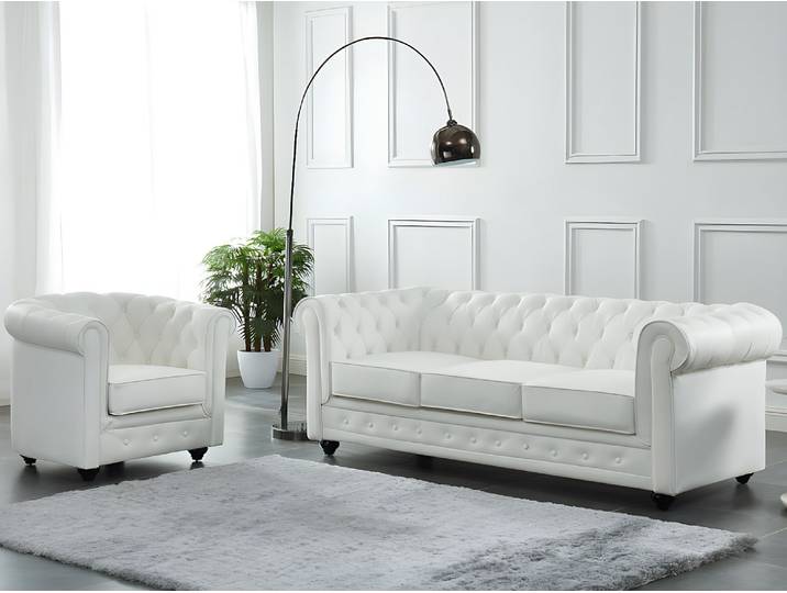 Ledersofa 3-Sitzer + Ledersessel - Büffelleder - Weiß - CHESTERFIELD