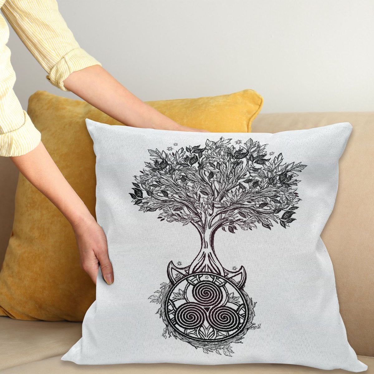 ABAKUHAUS Keltische Kussenhoes Boom des Lebens Triskelion, Decoratieve Kussenhoes met Dubbelzijdige Print, Wit en Zwart, 40 x 40 cm