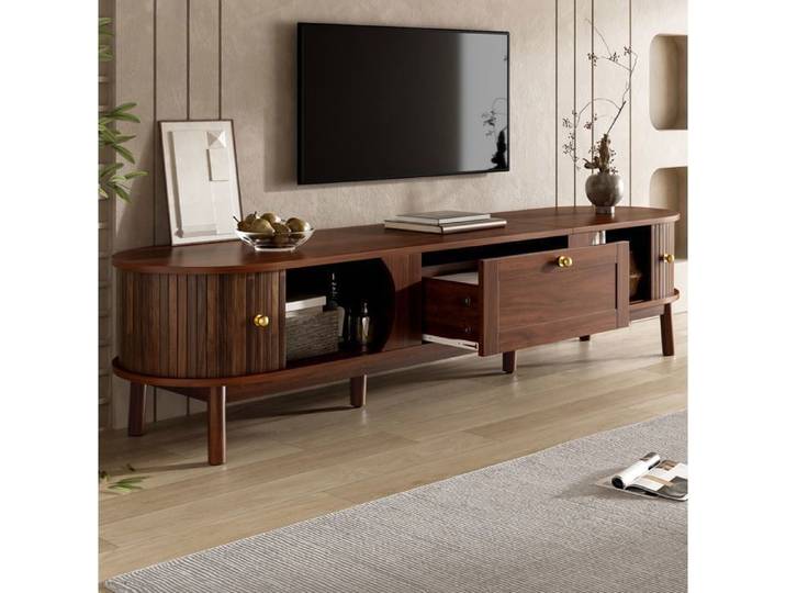 WUVRIE Meuble TV 170 cm en MDF noyer 1 tiroir 2 portes coulissantes pieds en bois massif