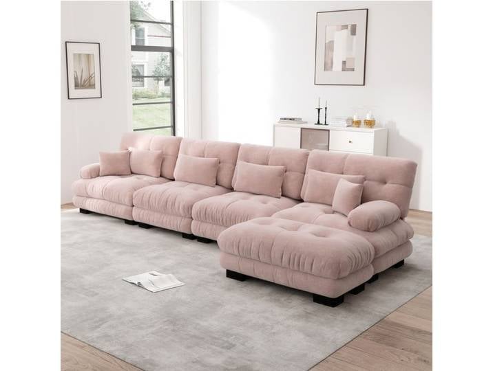 Canape D Angle 4 Places En Chenille Rose Canape Modulable FloraGrace Pour Salon Ottoman Mobile 406x145x81cm