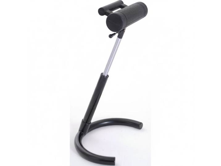 Siège assis-debout cylindrique en mousse noire avec piètement fer à cheval en acier