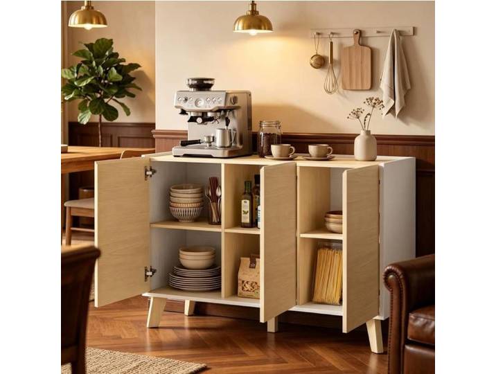 ULEVR buffet de cuisine 120 cm style scandinave blanc et naturel meuble de rangement 3 portes 6 compartiments