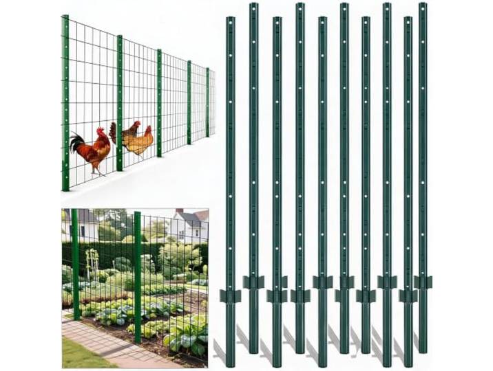 IDEALHOUSE 10 Stück Zaunpfosten 7ft 213cm Grün U-Form Q235 Stahl Weide Schwerlast, wetterfest, korrosionsbeständig, einfache Montage, für Weide, Farm, Garten & Hof.