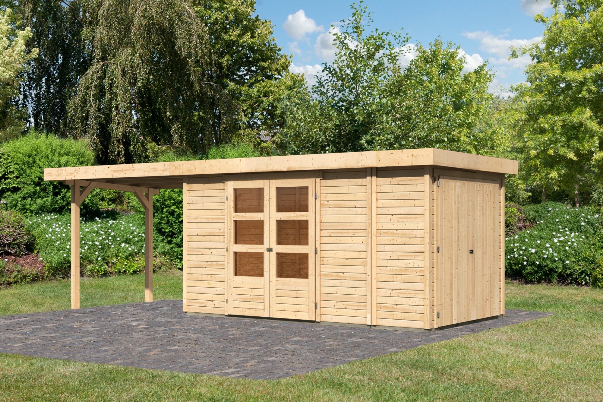 Gartenhaus Retola 5 : 2,80m breit : Naturbelassen Anbaudach: 2,80m breit Farbe: Naturbelassen