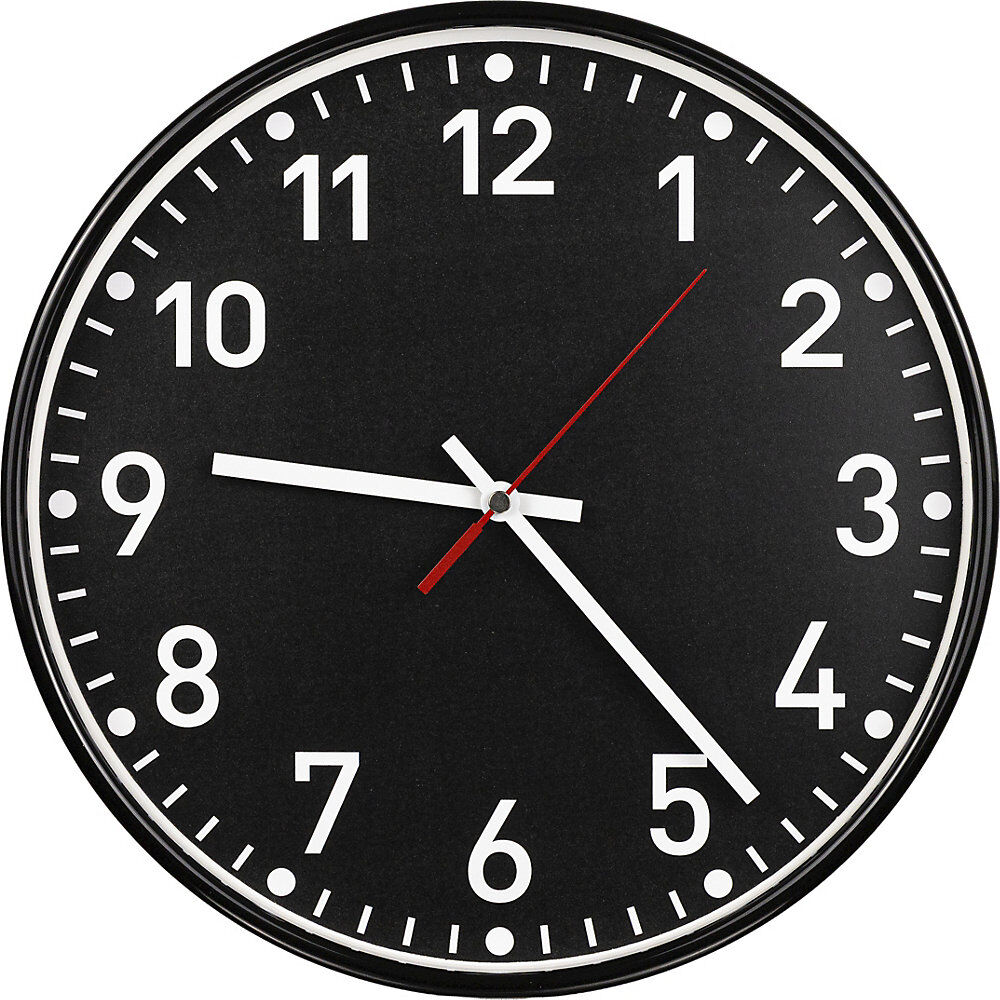 kaiserkraft Wanduhr, Quarzuhrwerk, Ø 300 mm, Gehäuse schwarz, Zifferblatt schwarz