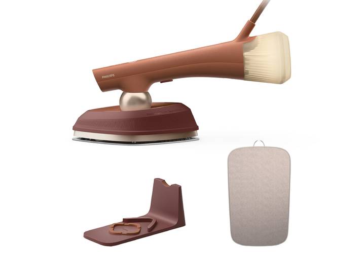 PHILIPS Dampfbügeleisen OneTurn 2-in-1 Bügeleisen & Steamer, StyleMat & Dock inkl. , terracotta, gold, B:12cm H:17cm T:34cm, Bügeleisen, SteamGlide Plus, 200ml Wasserbehälter und 90 g Dampfstoß, Dampfbügeleisen