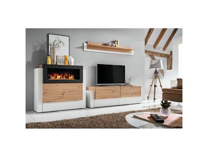 Meuble TV - ASM - Queens - Buffet avec cheminée bio - Système d'ouverture push-click - Beige