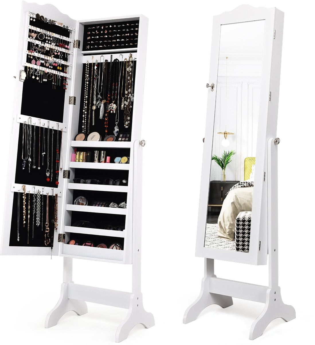 COSTWAY Sieradenkast met full-body spiegel en afsluitbaar sieradenrek voor make-up