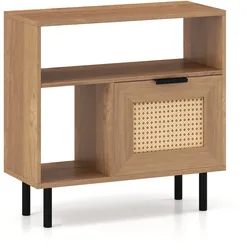 COSTWAY Rattan-Beistelltisch mit Ablage, Schrank & Metallfüßen, Boho-Nachttisch für Wohnzimmer, Schlafzimmer, Flur