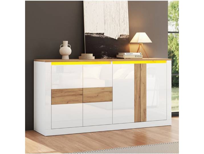 Buffet bas 4 portes LED RGB 140 cm avec étagères réglables - LPOSPI - MDF brillant blanc aspect chêne