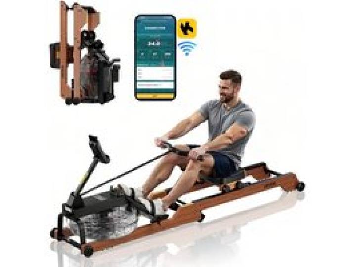 VEVOR Rudergerät 6-stufiger leiser Widerstand, faltbares Wasserrudergerät aus Holz mit 14 L Wassertank & LCD-Monitor, Bluetooth-App-kompatibel, 158 kg Gewichtskapazität, immersives Rudergerät