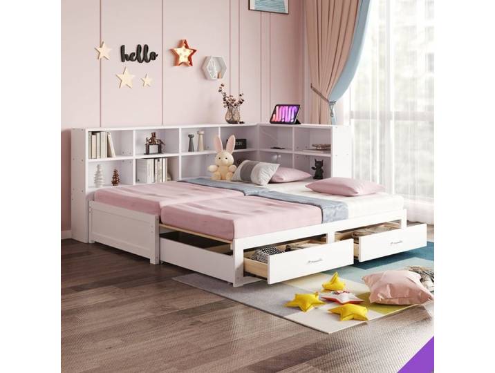 Lit coffre en bois massif 180x190 cm avec rangements prises intégrées et tiroirs blanc