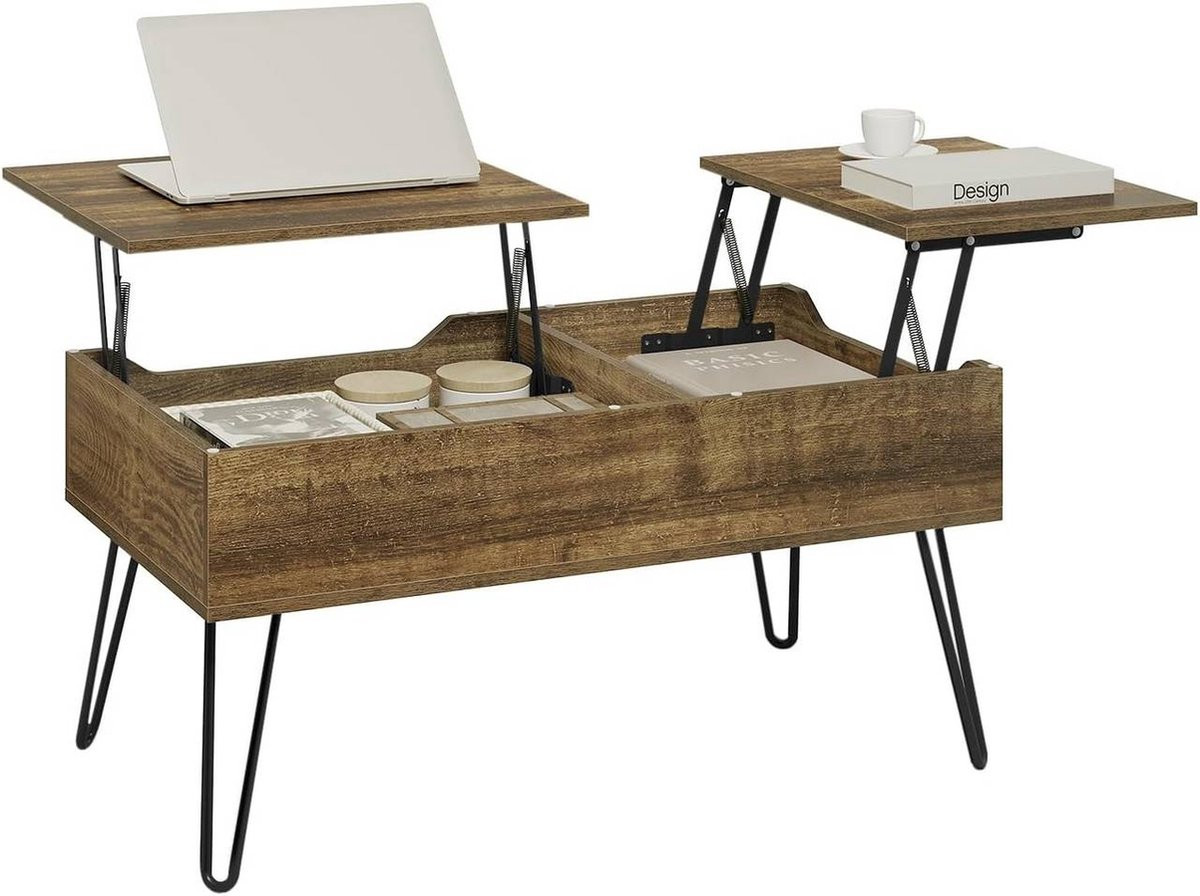 BukkitBow Salontafel met Dubbele Verborgen Opbergruimte en 2 Hoogte Verstelbare Bladen - Vintage Bruin Hout