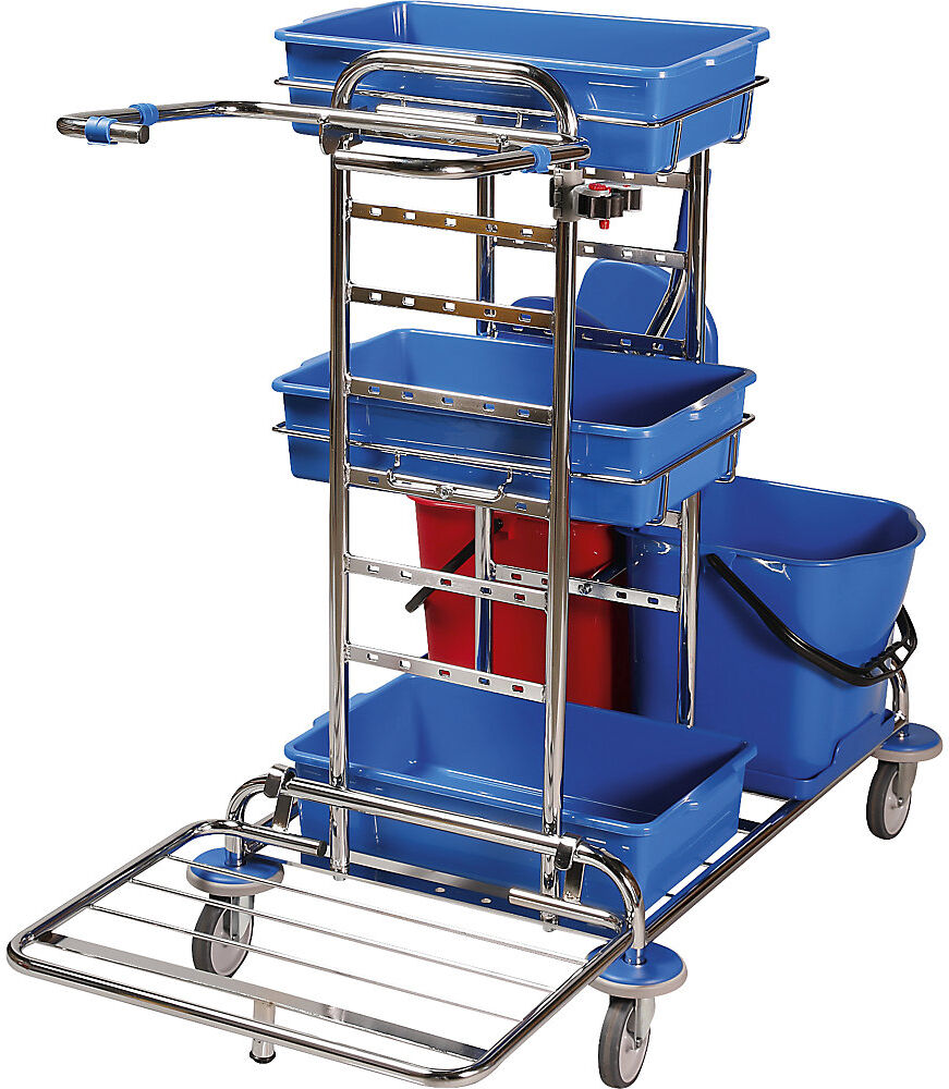 kaiserkraft Reinigungswagen-Set, LxBxH 1050 x 580 x 1100 mm, 3 Kunststoffschalen, 10 Mopps, Fransenmopp-Set