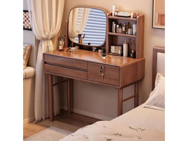 Schminktisch aus Gummiholz mit Spiegel und Aufbewahrungsregalen Schminktisch Massivholz abschließbaren Schubladen,Aufbewahrungsregal,abgerundete Kanten,für Schlafzimmer(Walnut)