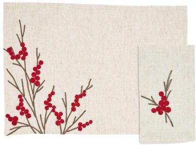 Saro Lifestyle Berry Design Embroidered Placemats & Napkins 8 pcs Set (4 Placemats, 4 Napkins)