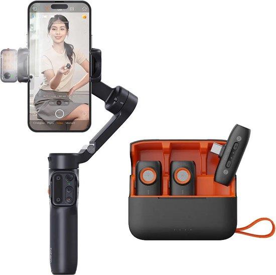 Händler 3-Achsen-Gimbal mit künstlicher Intelligenz - Kohlenstofffaserverstärkter Aufbau - 80-Grad-Schwenkbereich - 330-Grad-Pannierung - Stabilisator für Smartphones - Schwarz - USB-C-Taste