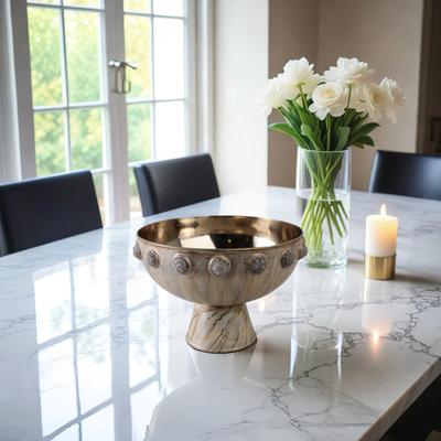 Sagebrook Home Metal Bowl with Stone Pedestal Base and Crystal Textured Accents