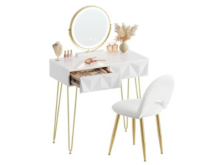 EUGAD Schminktisch mit Spiegel, LED-Beleuchtung, Samthocker, 2 Schubladen Helligkeit Einstellbar, Frisiertisch mit Hochglanzplatte 80x40 cm, Schnelle Montage, Modern, Weiß + Gold