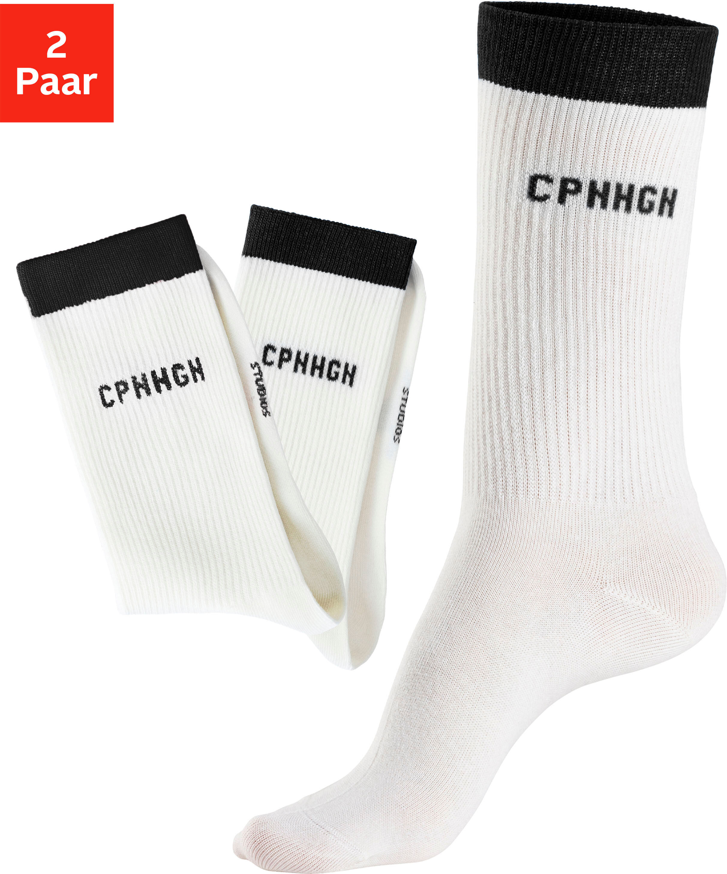 Tennissocken COPENHAGEN STUDIOS, Damen, Gr. 35-38, weiss (2x sanftes weiß mit schwarz), Obermaterial: 72% Baumwolle, 25% Polyamid, 3% Elasthan, unifarben, elastisch, Socken Tennissocken, mit kontrastfarbenem Bund 2x sanftes weiß mit schwarz 35-38