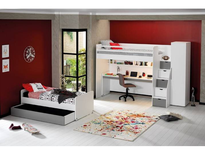 almila Hochbett Neo (4-St) mit Seitentreppe, Stauraum und Regal