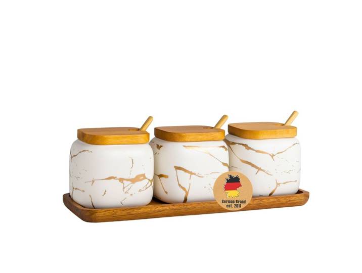 ZUCKERDOSE Vorratsdose mit Deckel Löffel Holztablett (3er-Set)