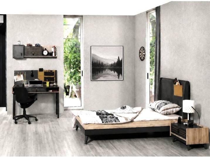 Xlmoebel Jugendzimmer-Set Einzelbett Jugendzimmer Set Schreibtisch Nachttisch Regal Grau Beige, (4-tlg., 4-tlg)