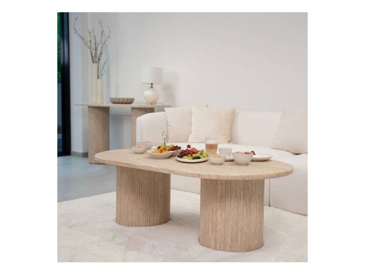 alesvelt Couchtisch ovale TRIVENTO Travertin-Tischplatte Tischbeine im Säulenstil modern (1-Tisch), 130 x 70 x 45cm, Travertin-Optik mit Rillen-Säulen