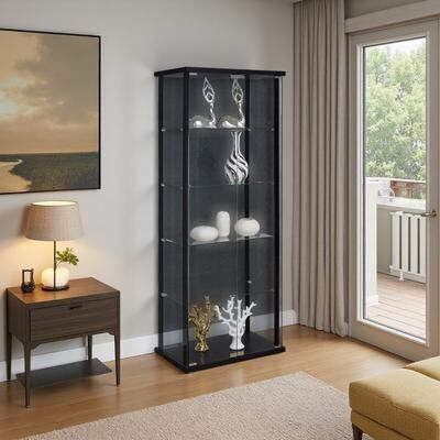 ZWYO HOSIMU "64"" Tall Glass-Door Curio Cabinet with 4 Display Tiers, Chrome Accents, Clear Tempered Shelves & Enclosed Protection"