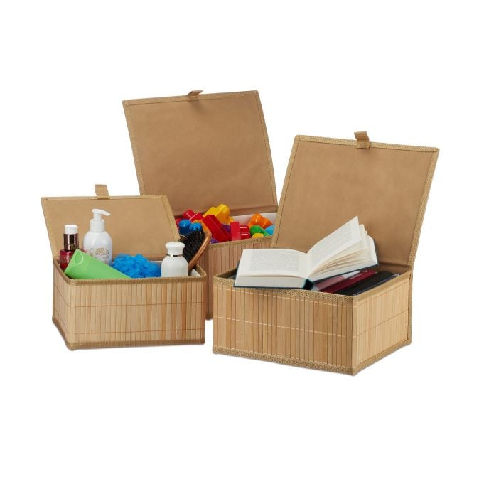 Relaxdays Set van 3 Opbergmanden met deksel van bamboe en textiel, Solid