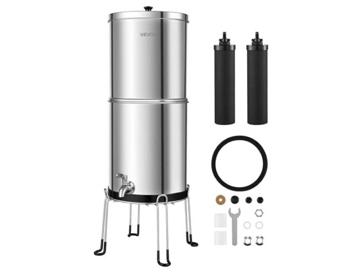 VEVOR Schwerkraft-Wasserfilter Wasserfiltersystem 8,52 L Edelstahl 304, Wasserfilteranlage Reduziert Blei und bis zu 99% Chlor, mit 2 Aktivkohlefiltern, für Zuhause und Camping