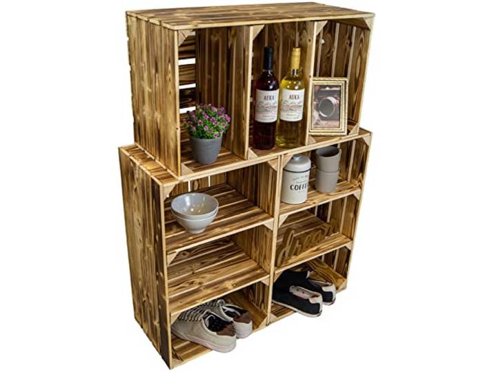 hohe Holzkiste Willi mit zwei kurzen Einlageböden / Zwischenbrettern 68x40x30cm HxBxT Schuhregal Bücherregal Nachttisch Weinregal / Regalkiste Apfelkiste Weinkisten (3er Set, geflammt)