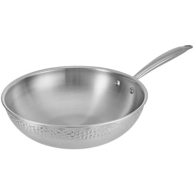 Wok RESTO KITCHENWARE "Crater tiefe Pfanne aus Tri-Ply (Edelstahl + Aluminium + Edelstahl)", silber (silberfarben), H:7,5cm L:51cm Ø:28cm, Pfannen, Wok, Energieeinsparung 25% durch die dreilagige Basis, ofenfest