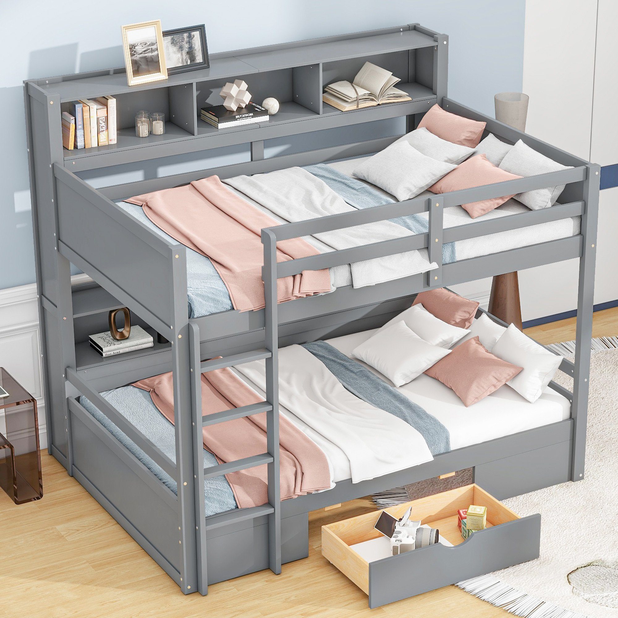 Odikalo Kinderbett 2*Einzelbett Etagenbett 2*90x200cm Schubladen Staufächern Grau