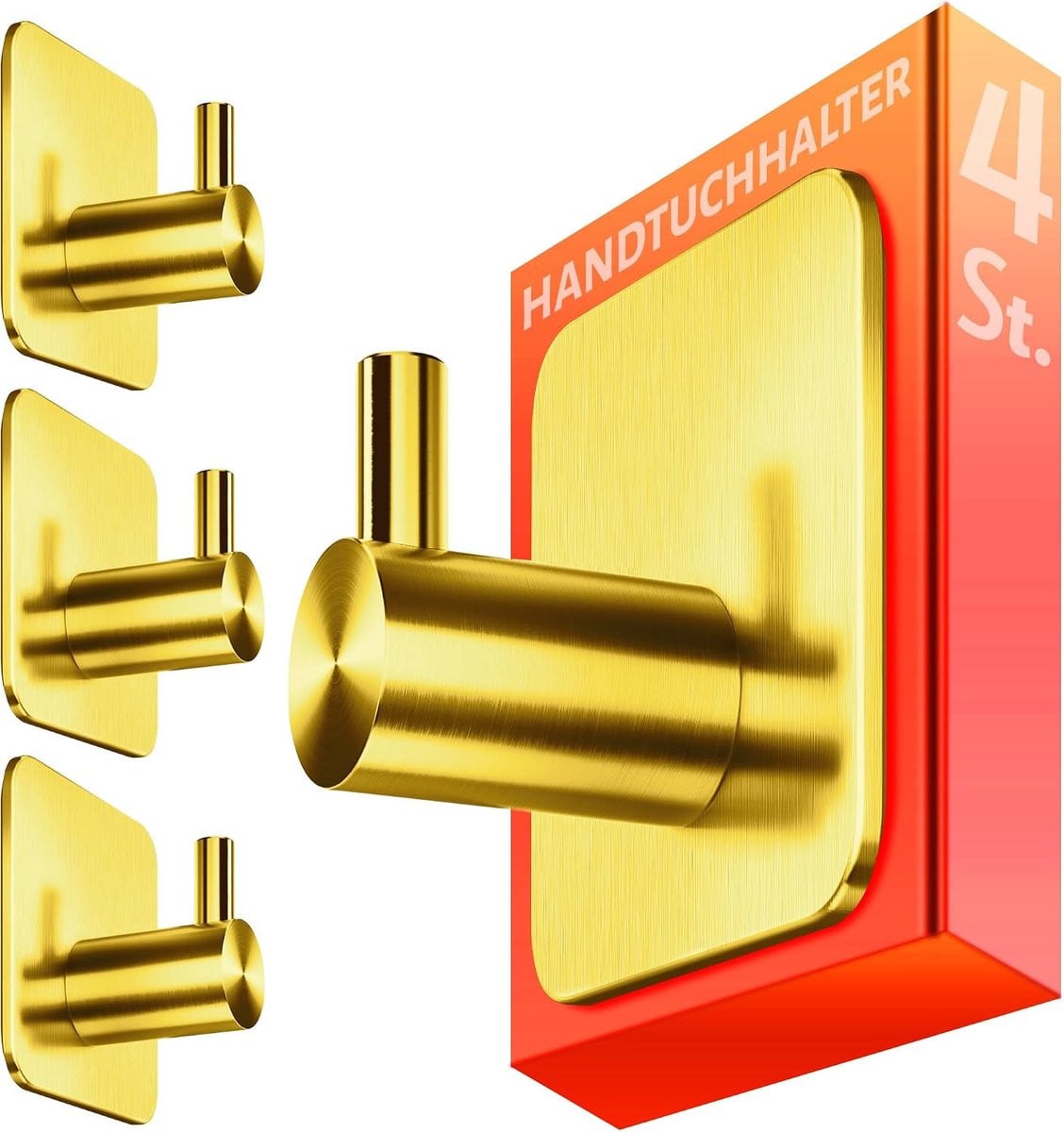 4smile Set van 4 Handdoekhouders zonder boren, Goud, Roestvrij staal, Zelfklevend voor Badkamer en Keuken