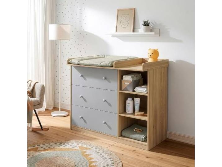 [en.casa] Wickelkommode Beldinupp Wickeltisch mit 3 Schubladen und 3 Regalfächern 93 x 110 x 55 cm Kommode mit Abnehmbarer Wickelauflage Eicheoptik/Grau