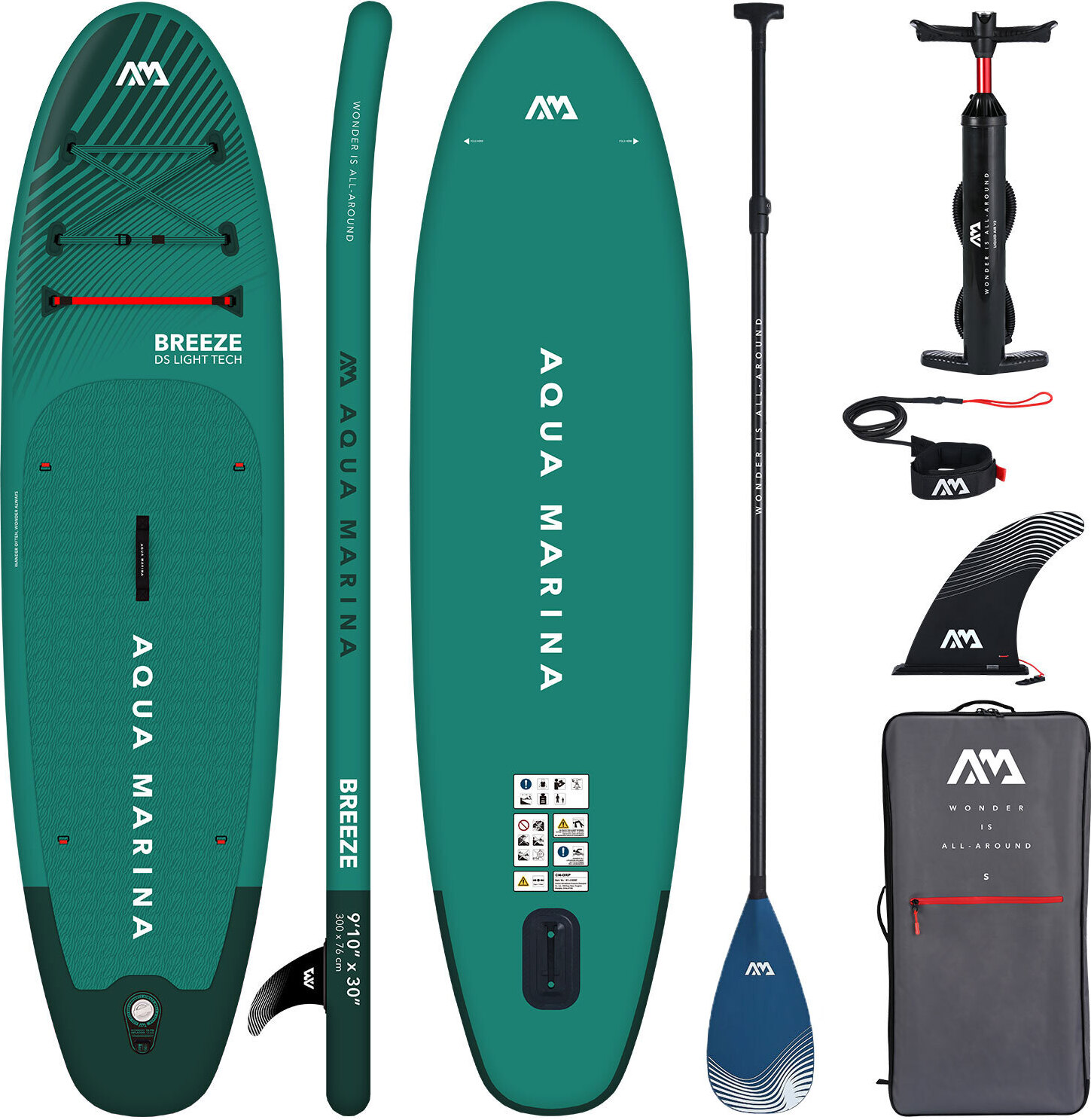 SUP Aqua Marina Breeze 9'10" Carbon Aufblasbares Stand Up Paddle Board | 300 x 76 x 12 cm | Surfboard für Einsteiger & Fortgeschrittene mit zubehör
