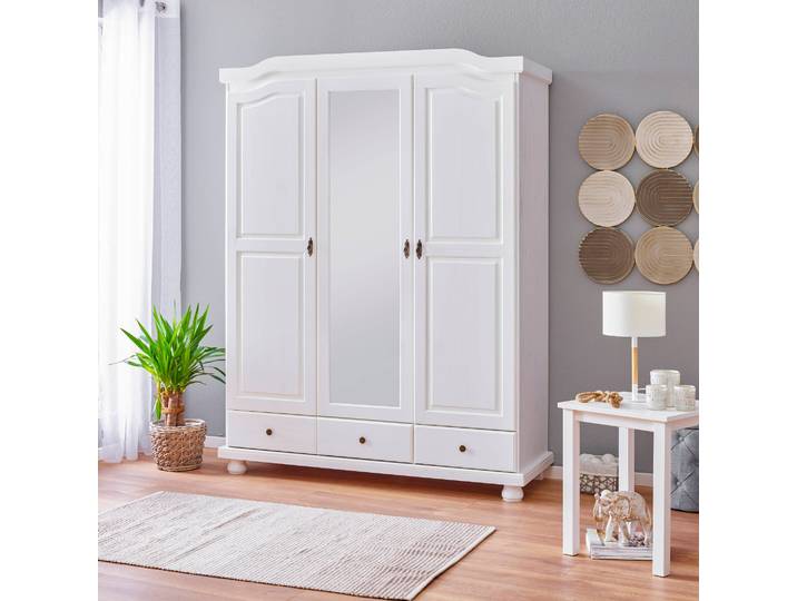 Armoire 3 portes 3 tiroirs en bois massif blanc - AR12048