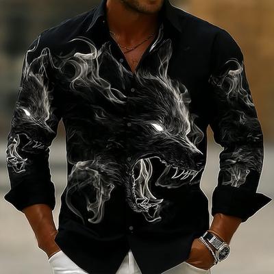 Herren Rauchig Tiermotiv Wolf Hemd Knopfhemd Langarm Vintage-Retro Ferien Streetwear Frühling Herbst Umlegekragen 3D-Druck Hemden mit Kragen Schwarz