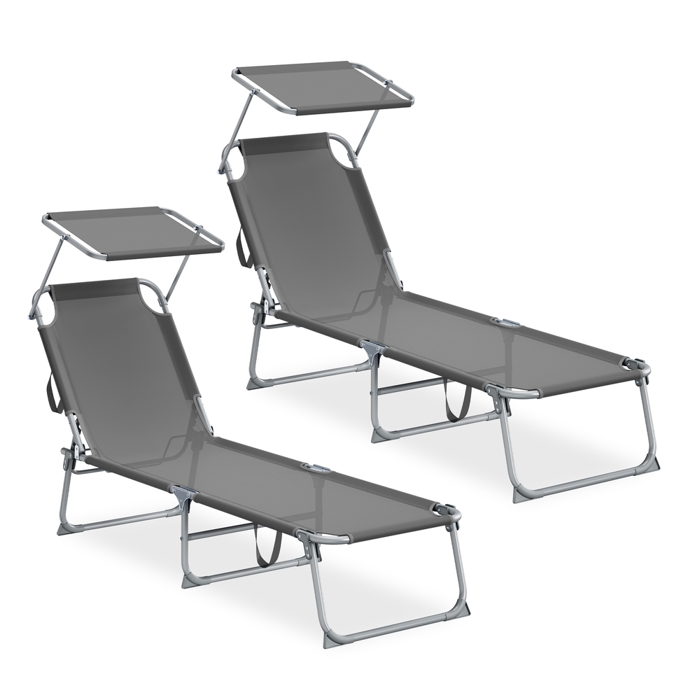 SONGMICS Zweiteiliges Set Klappbare Sonnenliege mit verstellbarer Rückenlehne und Blende grau GCB294GZ02