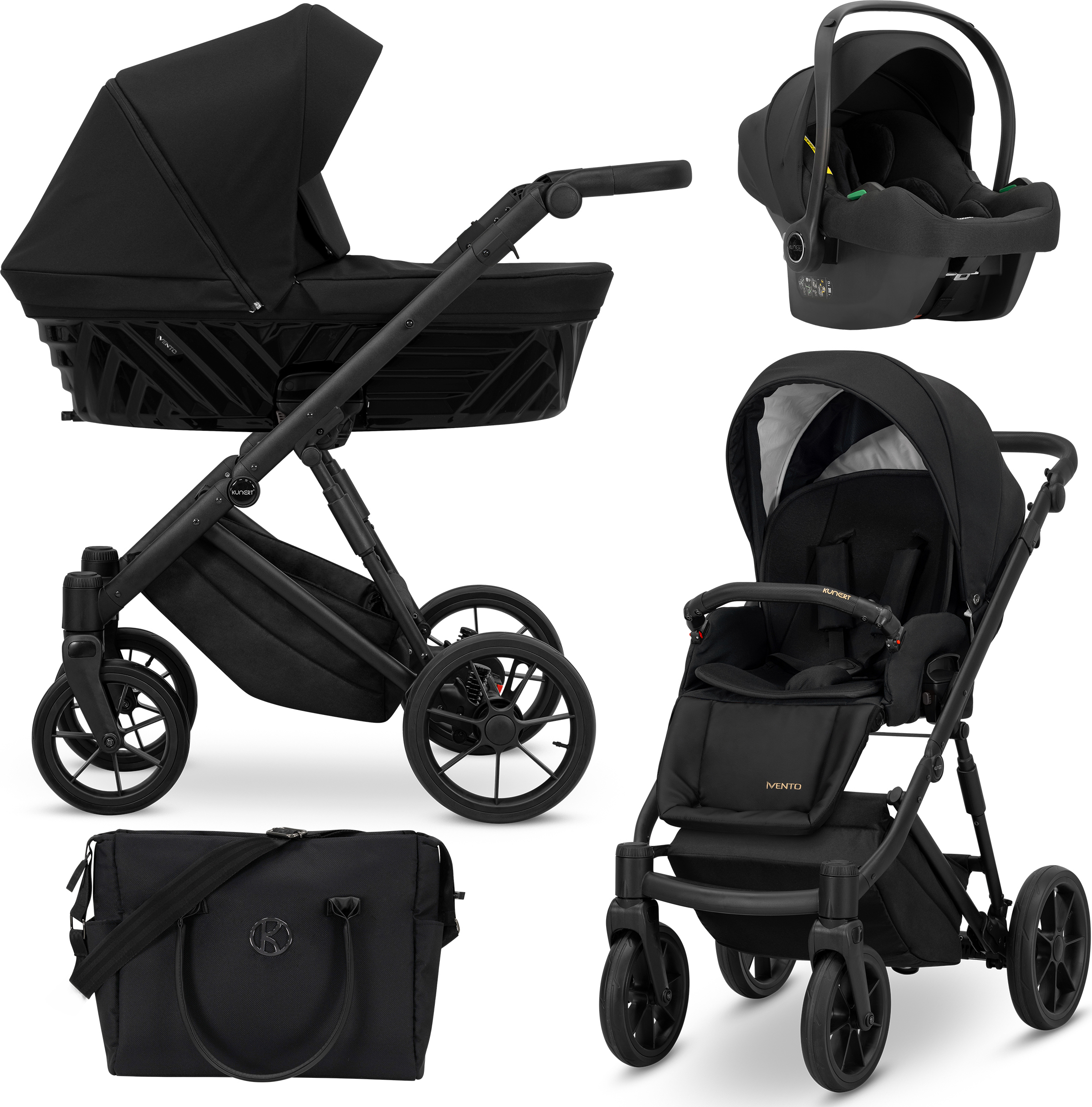 Kinderwagen IVENTO Sportwagen Babywagen Babyschale Komplettset Kinder Wagen Autositz Set 3 in 1 (Deep Black, Rahmenfarbe: Schwarz)
